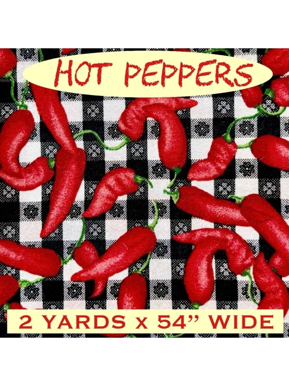 Fabric (75” x 54”) Red Peppers Black White Checkered Background